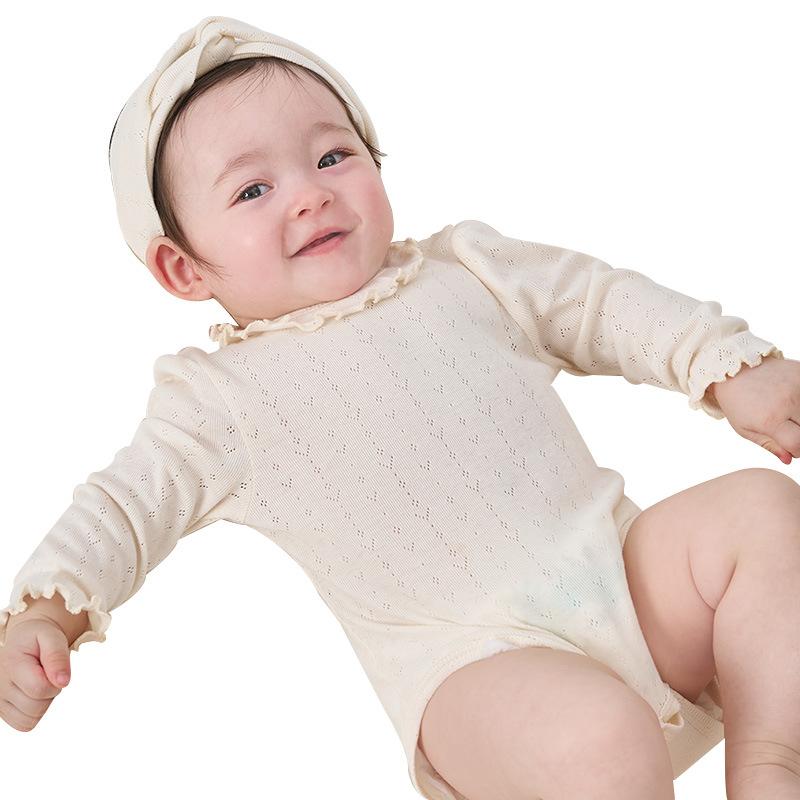 ロンパース ベビー 赤ちゃん 新生児 春夏 モダール 綿 長袖 薄手 ハーネス 66cm 73cm 80cm 90cm パープル ホワイト