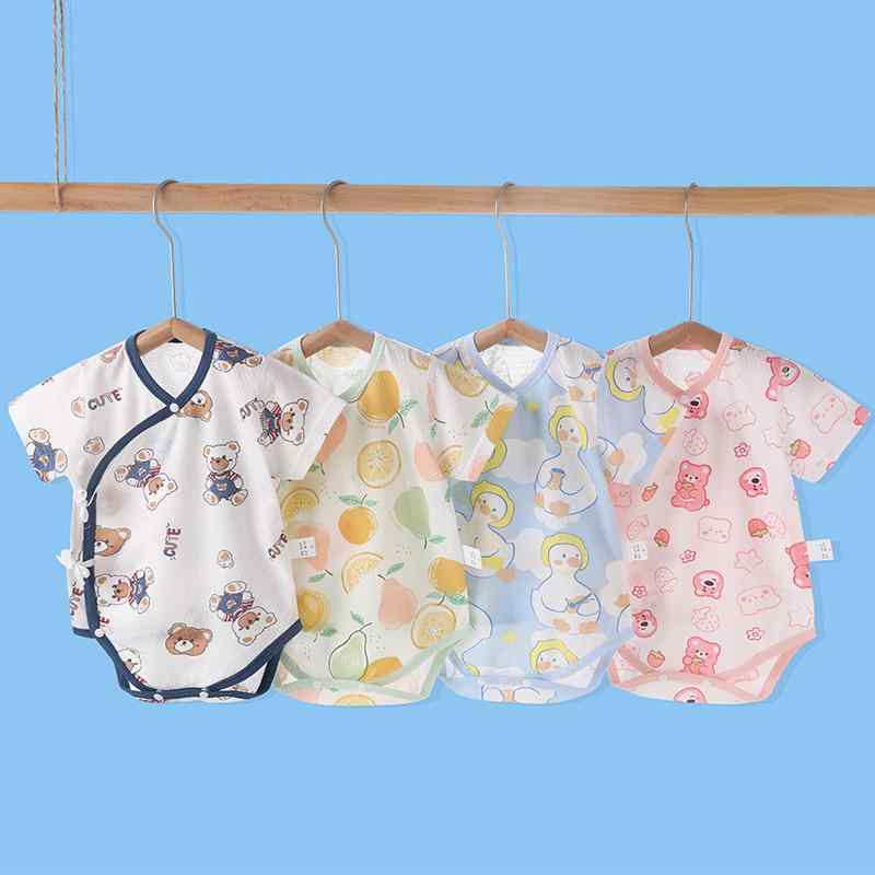 ベビー服 ロンパース 春夏 新生児 薄手 半袖 綿100％ 男女兼用 カバーオール 肌着 かわいい いちご柄 ピンク系