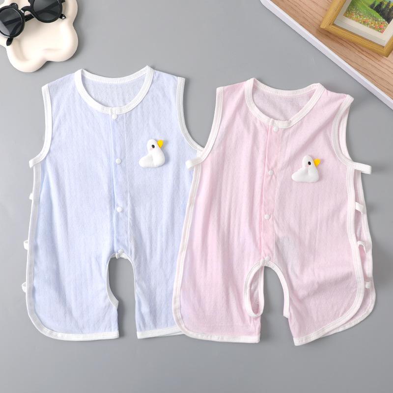 ベビー服 無袖ロンパース 夏 新生児 赤ちゃん 男女兼用 薄手 コットン 琵琶 ハーネス 小鴨 ブルー ピン..