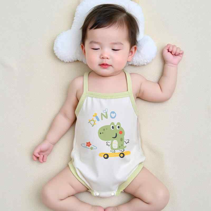 ロンパース ベビー・キッズ 春夏 ノースリーブ コットン カバーオール 新生児 薄手 かわいい いちご 恐竜 カニ キリン 60 70 80(x2)
