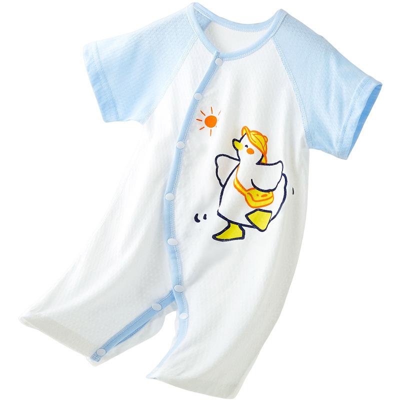 ベビー服 子供 半袖ロンパース 薄手 綿100% 新生児 赤ちゃん 対 фронт 開き 前開き タイプ 春夏 韓国風 かわいい ストロベリー ピンク クマ アヒル チェック フルーツ 梨(x2)