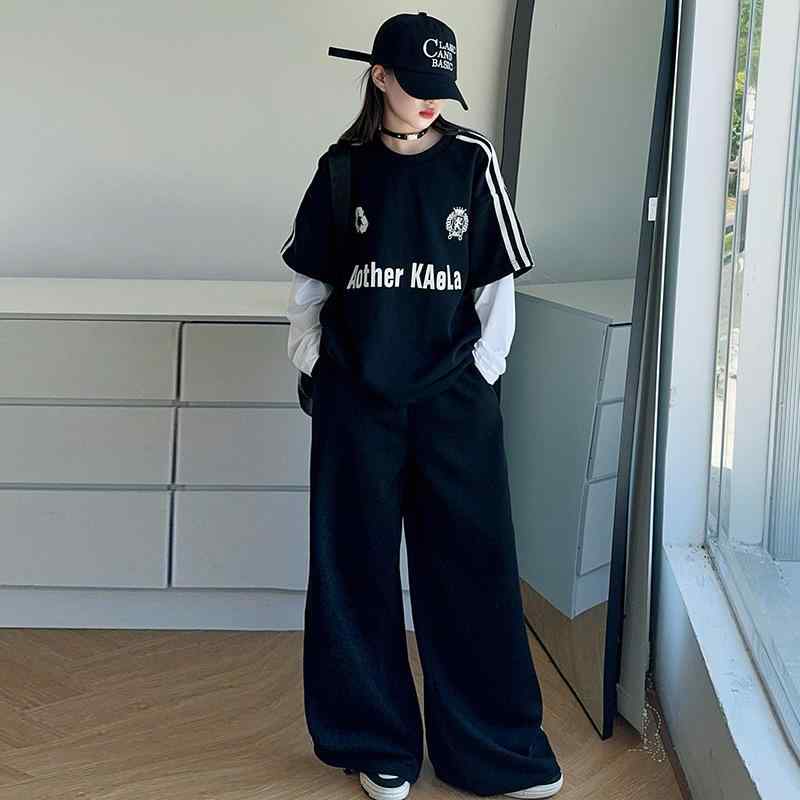 子供用セットアップ ガールズ 2点セット：長袖トップス &amp; ロングパンツ ジャージ スウェット 韓国風 普段着 部屋着 グレー ブラック 120cm 130cm 140cm 150cm 160cm 170cm