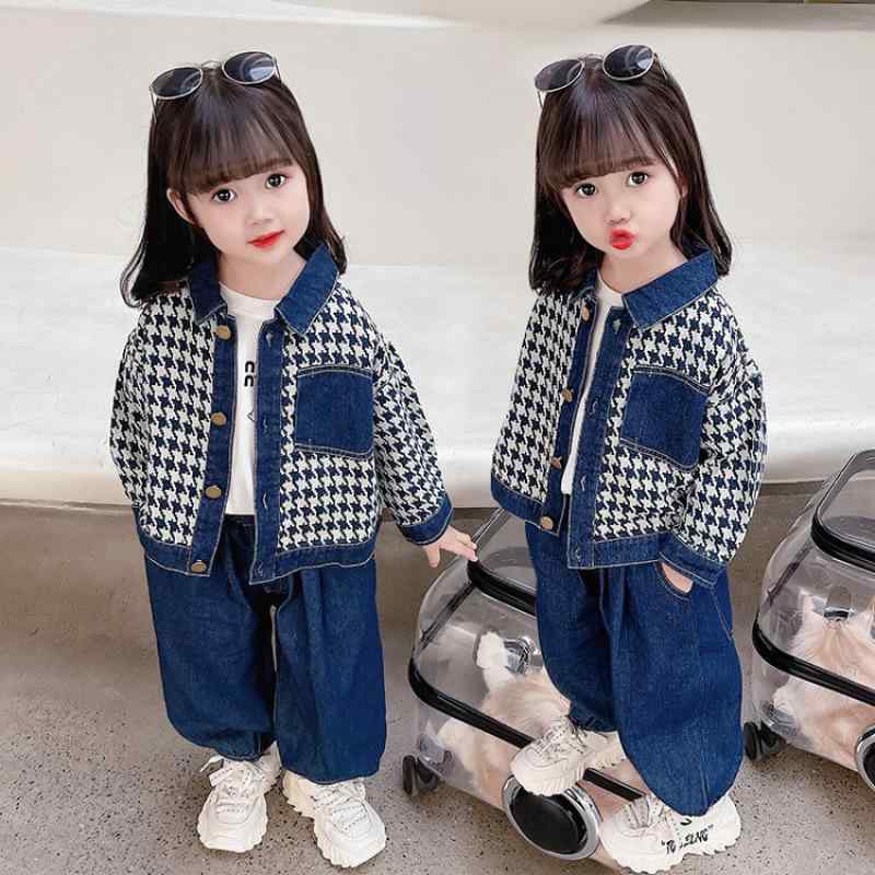 子供服 セットアップ 女の子 千鳥格子 ジャケット デニム パンツ 2点セット 春秋 長袖 普段着