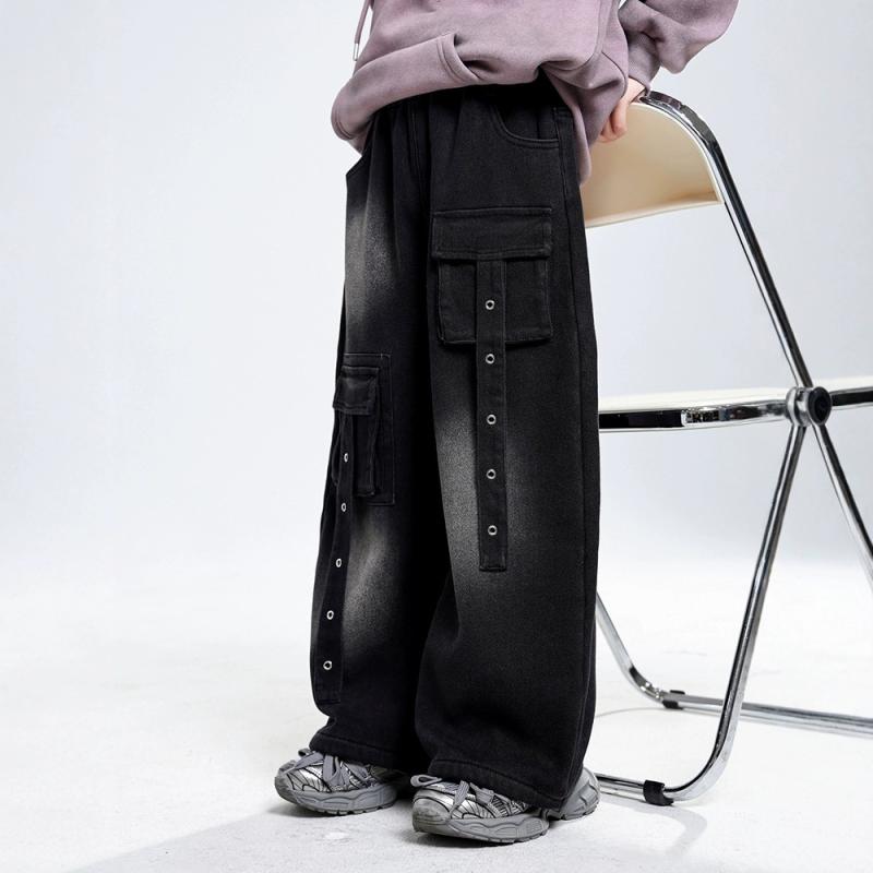 子供服 キッズ 秋冬 裏起毛 デニムパンツ 男の子 韓国風 立体ポケット ワイドレッグパンツ ストレート ..
