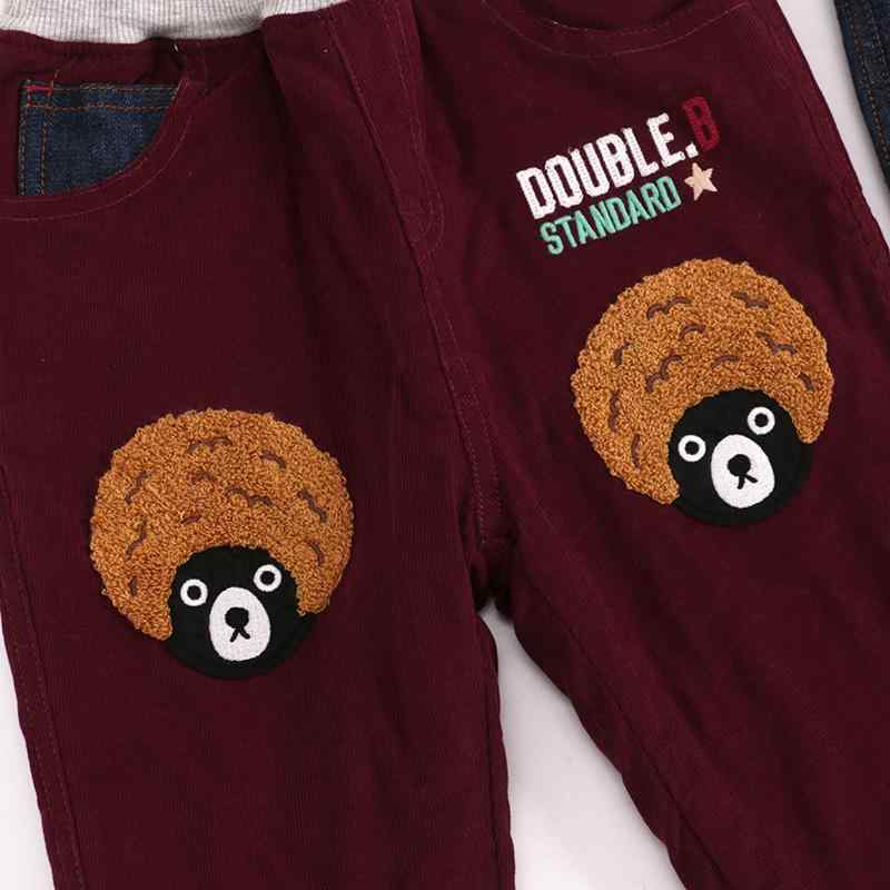 子供服 秋冬用長ズボン 男の子 カートゥーン ベアー柄 刺繍入り 裏起毛 高腰 伸縮性 ウエストゴム 普段..