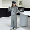 子供用セットアップ パンツスーツ 女の子 春秋 長袖スウェット ズボン 2点セット ストライプ柄 カジュアル 普段着 グレー系 120cm 130cm 140c...