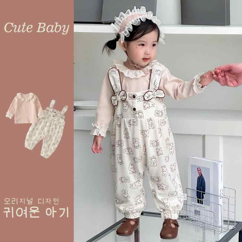 ベビー服 女の子 上下セット 2点セット 春秋 長袖 ロンパース パンツ かわいい A類 コットン ピンク系