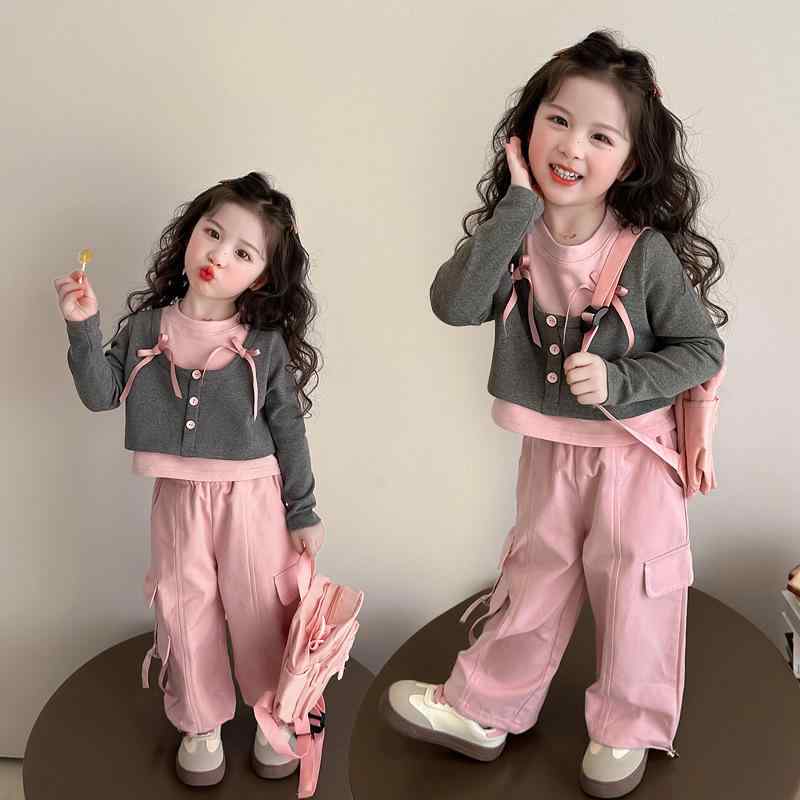 子供用セットアップ 春秋 女の子 かわいい パンツセット 2点セット 長袖 トップス パンツ ピンク系 90c..