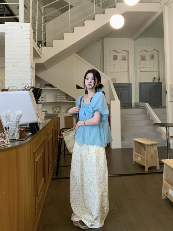 シャツ レディース 半袖 トップス ブラウス パフスリーブ スクエアネック ゆったり かわいい ガーリー フェミニン ブルー コットン S M Lサイズ