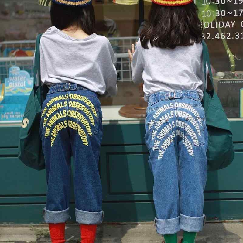 子供用パンツ 女児デニムパンツ 秋冬物 男女兼用 英字プリント ロングパンツ 普段着 遊び着 90cm 100cm..