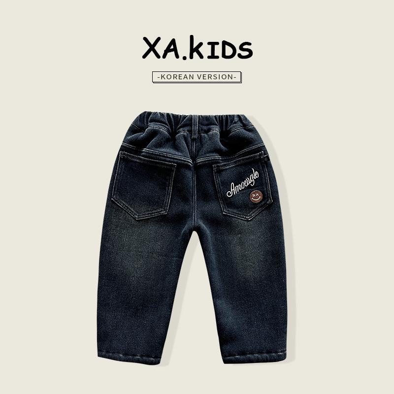 子供用ジーンズ キッズ 刺繡ロゴ入り 中厚手ロングパンツ 男女兼用 コットン混紡 伸縮性 ウエストゴム..