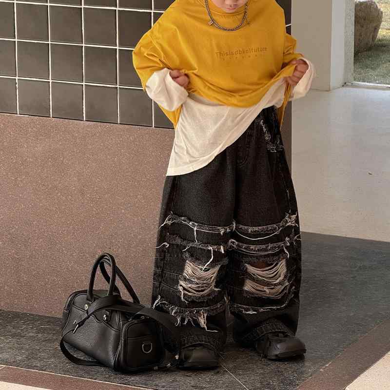 子供服 デニムパンツ 男児 ロングパンツ 春秋 中小キッズ 破れ加工 コットン 100 110 120 130 140 150 ..