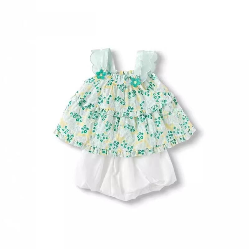 子供服 女の子用 上下セット 半袖 トップス かぼちゃパンツ 花柄 ガーリー 春夏 綿100％ 90 100 110 12..