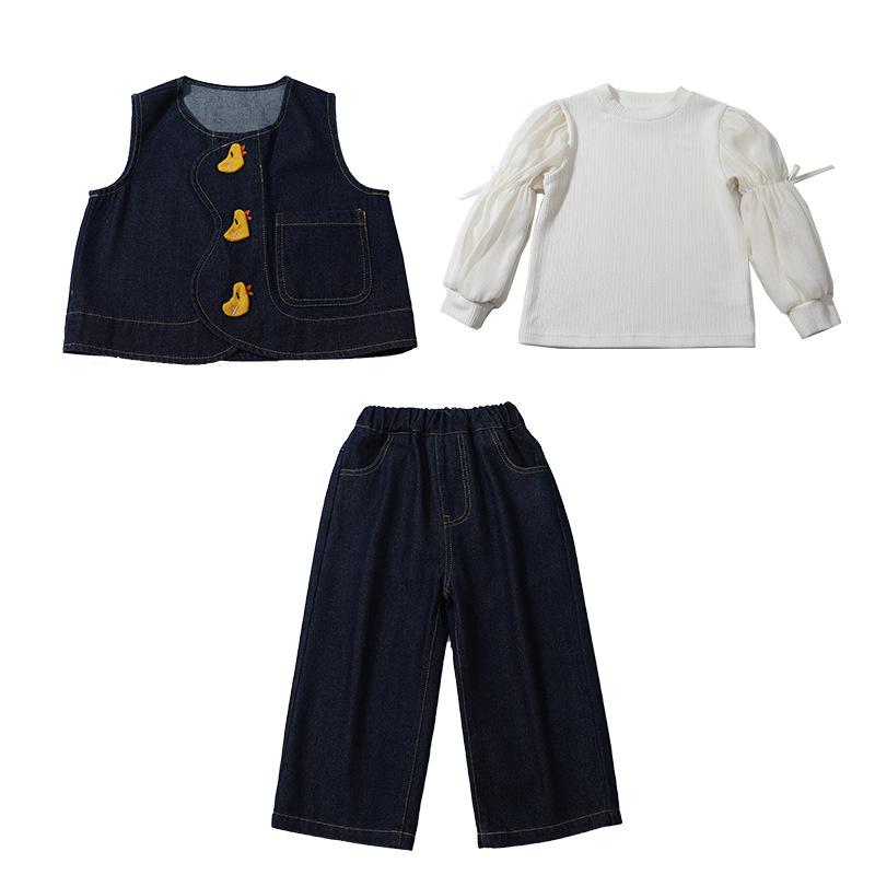 キッズ デニム 3点セット 女の子 春秋 長袖 デニム ジャケット &amp; パンツ 上下セット かわいい ガー..