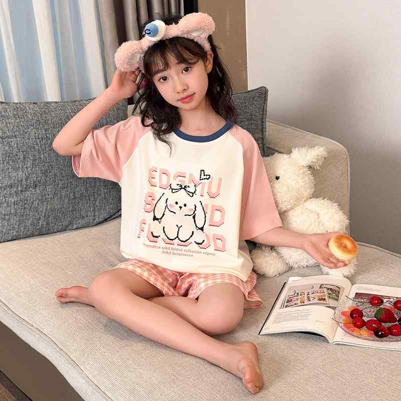 子供用パジャマ 上下セット 薄手 半袖 女の子 高学年 ルームウェア 綿混紡 ピンク かわいい 吸湿速乾 1..