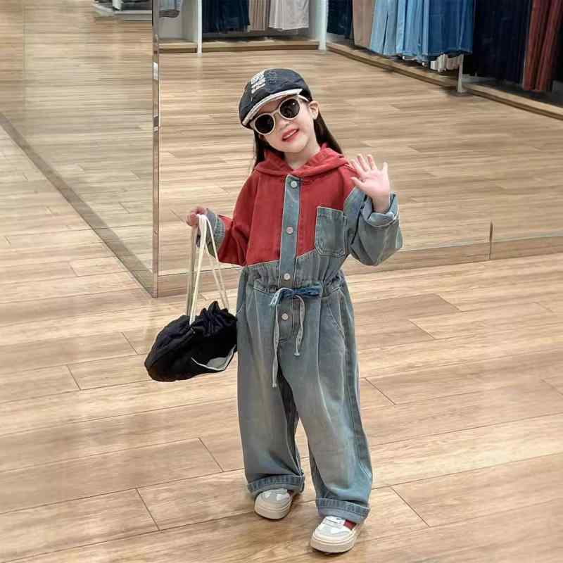 子供服 男女兼用 オーバーオール 秋物 ゆったり デニム 切り替え デザイン ワイドレッグ サロペット 春..
