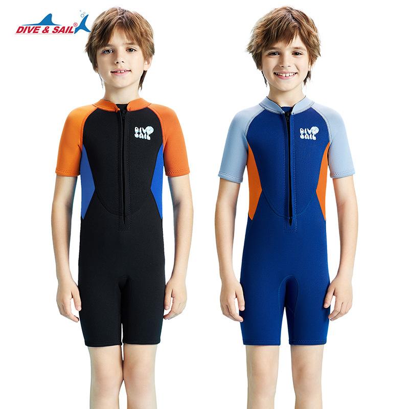 水着 子供用 潜水服 2.5mm 半袖 連体 保温 水泳 男児 浮き輪 サーフィン 防寒 短パン 紺色 黒色