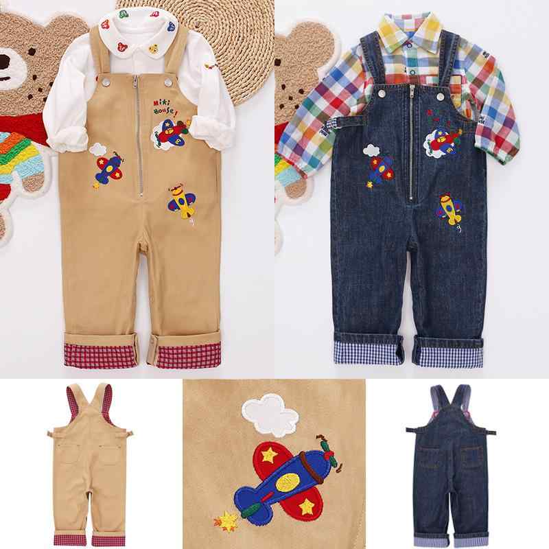 子供服 春秋 男女児 デニム オーバーオール ロングパンツ かわいい 飛行機 刺繍 綿100％ カートゥーン ..