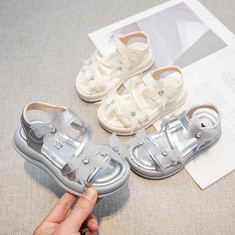 サンダル キッズ 女の子 プリンセスシューズ ビーチサンダル 子供靴 柔らかい靴底 蝶結び ベージュ 銀..