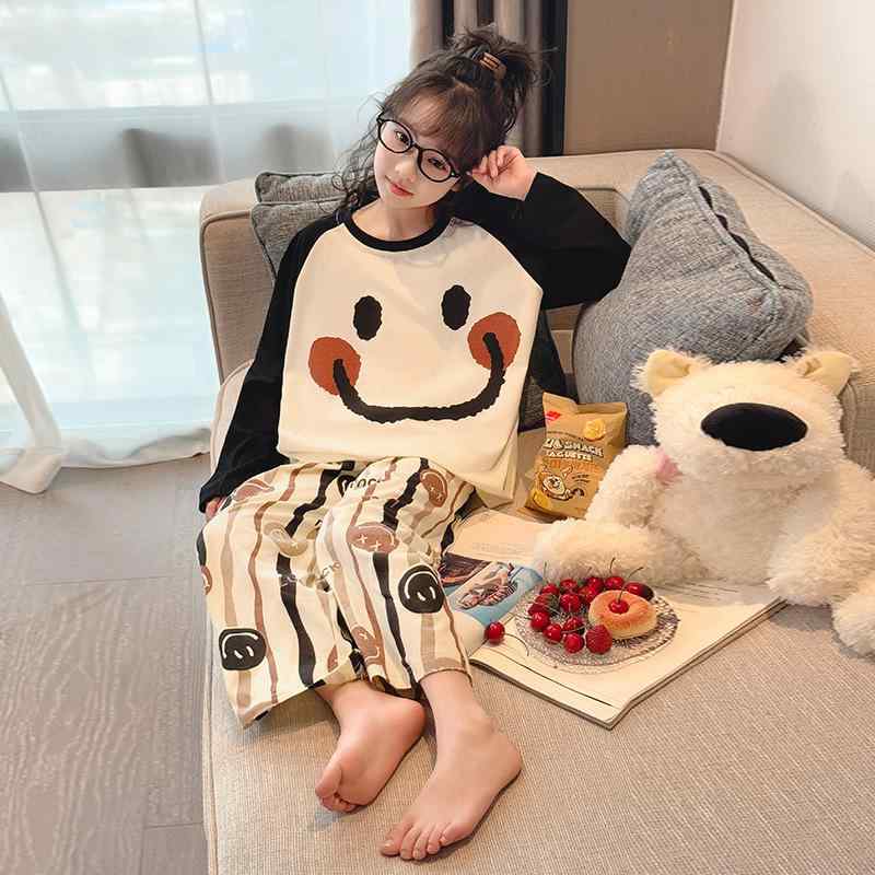 子供用パジャマ 上下セット 女の子 綿 かわいい 笑顔プリント ルームウェア 部屋着 春秋 中大 детская 杏色