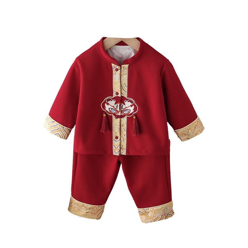 セレモニードレス ベビー 春秋 長袖 和風 赤色 お祝い 記念日 男の子 フォーマル 3点セット 綿混紡