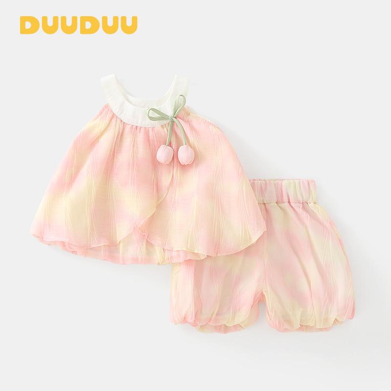 ベビー服 女の子 上下セット 夏物 韓国風 ノースリーブ ショートパンツ 薄手 幼児 2点セット かわいい 公園着 普段着 ピンク系 80cm 90cm 100cm
