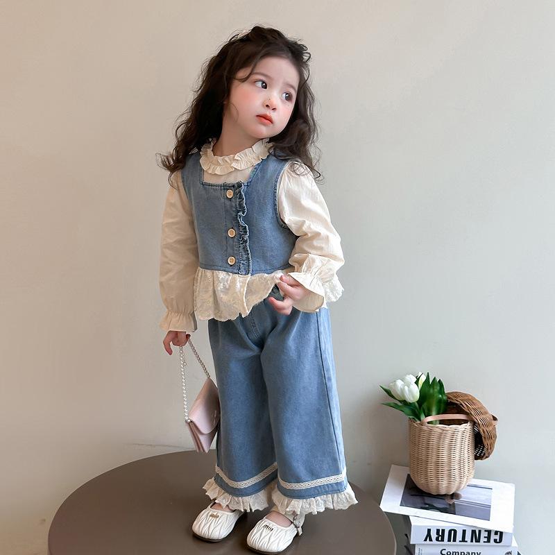 子供服 セットアップ 女の子 春物 デニム 3点セット 長袖 トップス パンツ かわいい おしゃれ ガールズ カジュアル スタイル 普段着 通園 通学 90 100 110 120 130 140cm