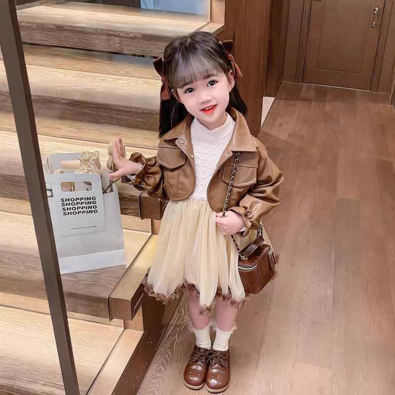 子供用セットアップ ワンピース 女の子 春秋 長袖 PUレザー ジャケット 2点セット かわいい おしゃれ 普段着 お出かけ着 韓国風 ブラウン系
