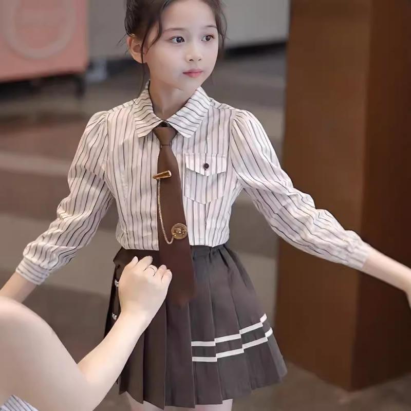 子供用セットアップ スカートスーツ 女の子 秋物 子供服 長袖シャツ プリーツスカート 上下2点セット 入学式 卒業式 フォーマル 学院風 120cm 130cm 140cm 150cm 160cm 170cm