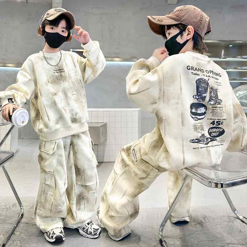 子供用セットアップ 春秋 子供服 男の子 ハンバーガープリント スウェット 上下 2点セット ボーイズ キッズ 普段着 部屋着 グレー