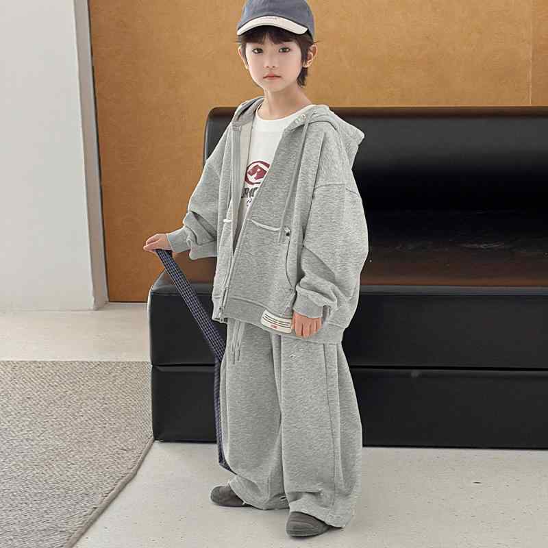 子供用ジャージ 上下セット 男の子 春秋 薄手 綿 灰色 パーカー パンツ 2点セット カジュアル スポーツ 普段着 長袖