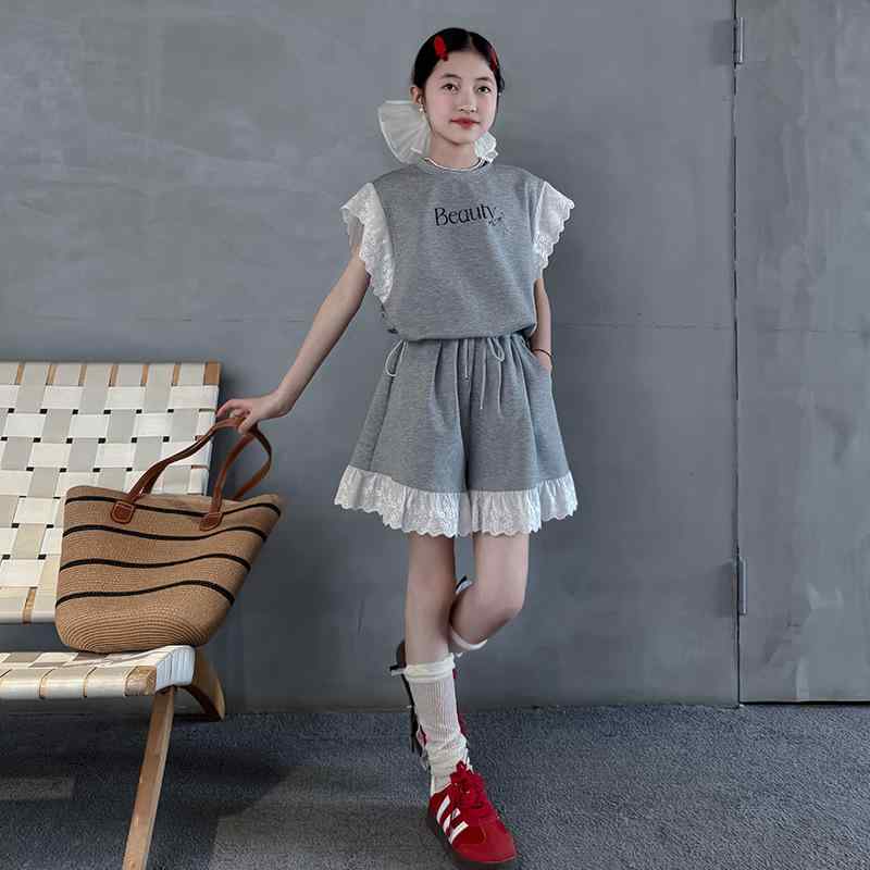 子供服 女の子 Tシャツ ショートパンツ 2点セット 夏 親子コーデ 韓国風 フリル トップス ボトムス グレー 120cm 130cm 140cm 150cm 160cm 170cm 180cm