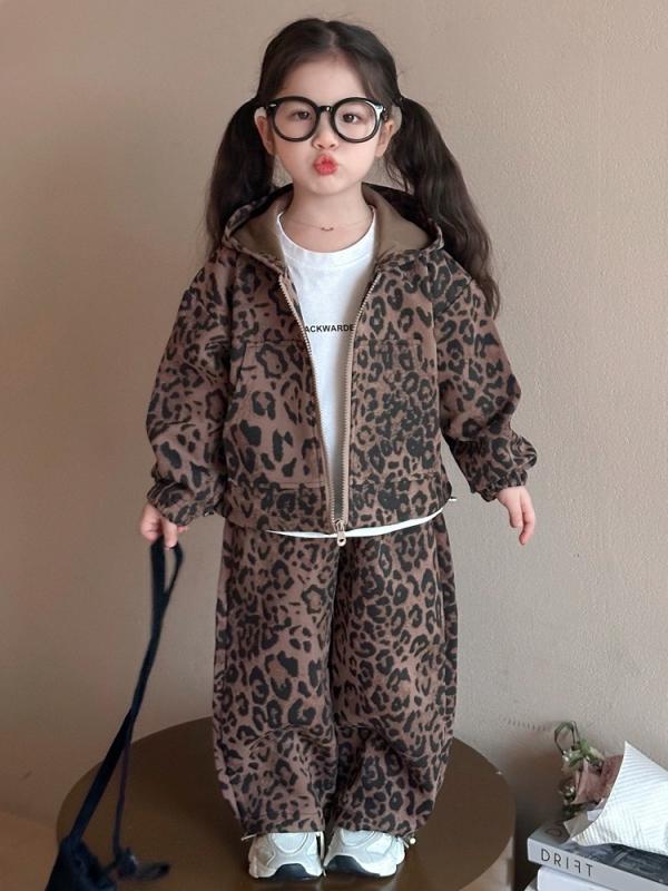 子供用セットアップ 春秋物 女の子 2点セット ヒョウ柄 アウター パンツスタイル かわいい おしゃれ着 カーキ ピンク系