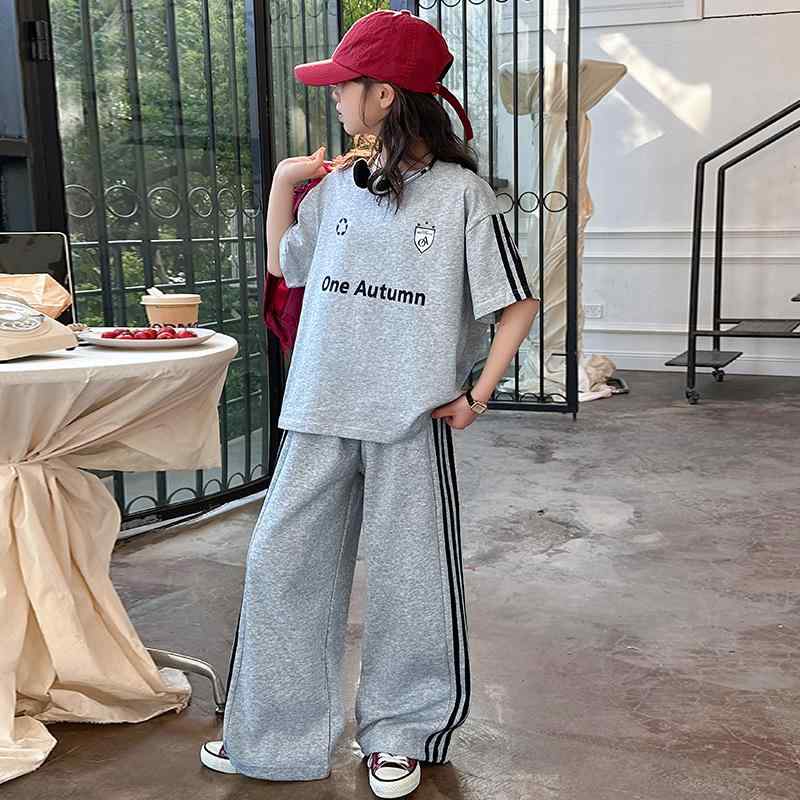子供用セットアップ ガールズ 半袖Tシャツ ワイドレッグパンツ 薄手 夏物 スポーツウェア 2点セット 普段着 グレー 120cm 130cm 140cm 150cm 160cm 170cm