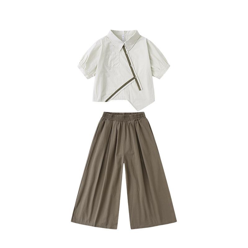 子供用セットアップ 森ガール風 半袖シャツ ワイドレッグショートパンツ 上下2点セット 薄手 カキー色 深いコーヒー色