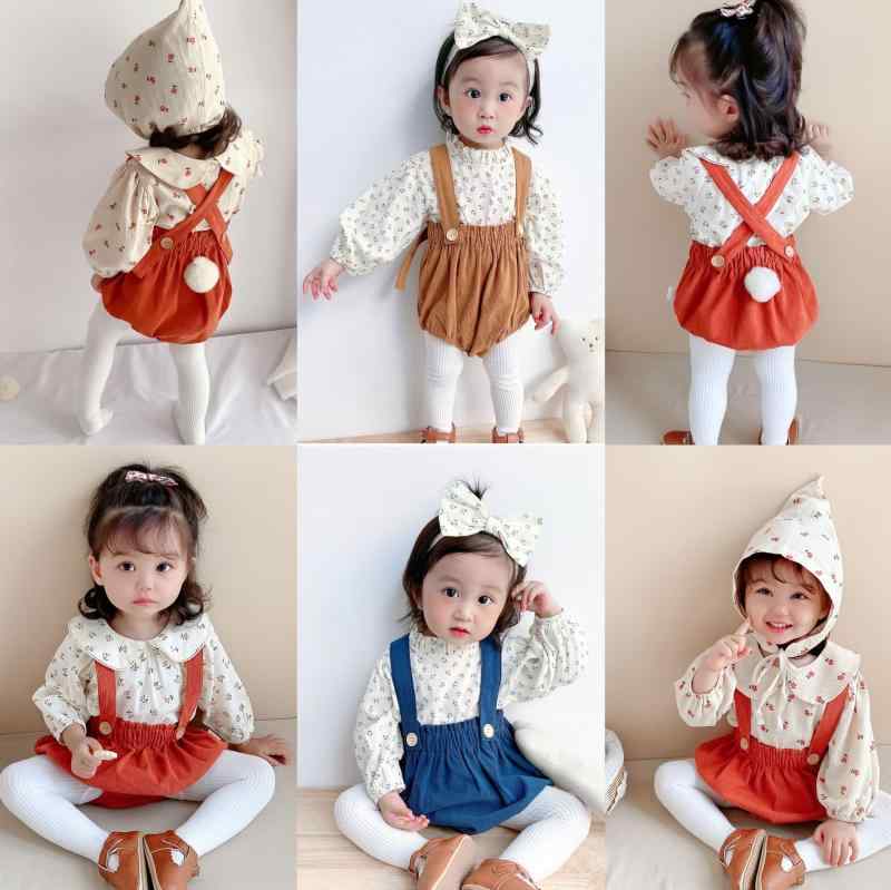 ベビー服 背帯付きコーデュロイパンツ シャツ 上下セット 春秋 長袖 綿 かわいい 小花柄 ブルマ セットアップ 66 73 80 90 100cm(x2)