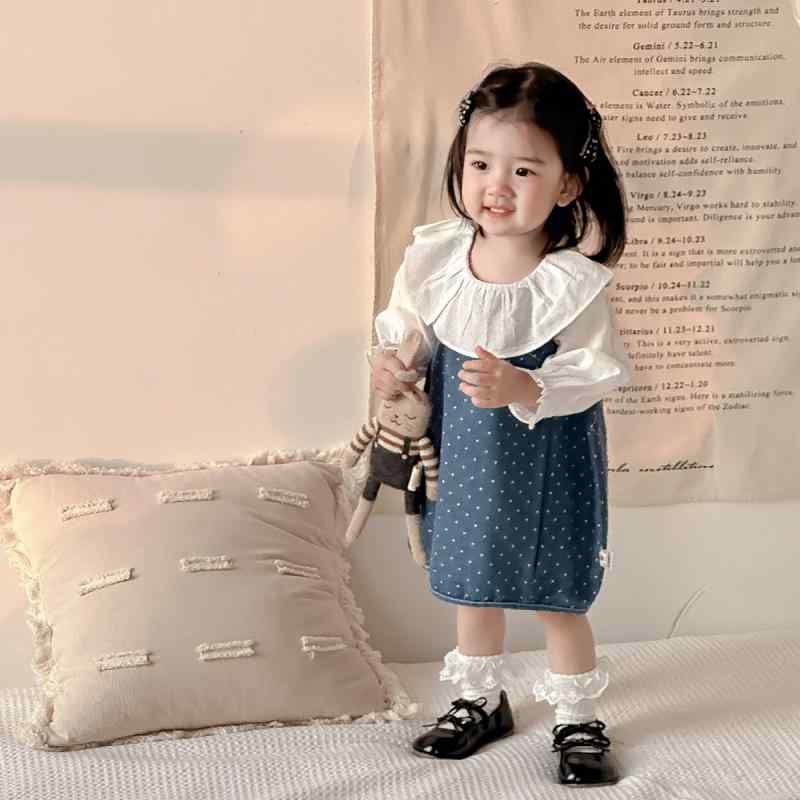 ベビー キッズ 女の子 デニム サロペット スカート シャツ 2点 セット 春秋 長袖 水玉 ドット柄 かわいい 普段使い(x2)
