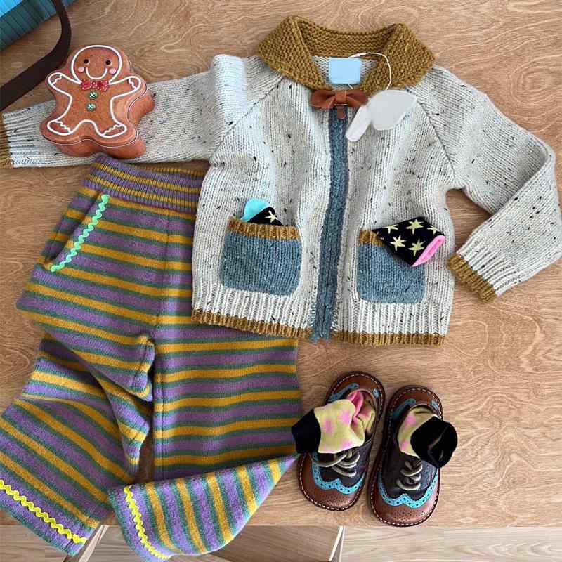 子供用ニットセットアップ 女の子用カーディガン & ストライプパンツ 秋冬 上下セット レトロ配色 コットン(x2)