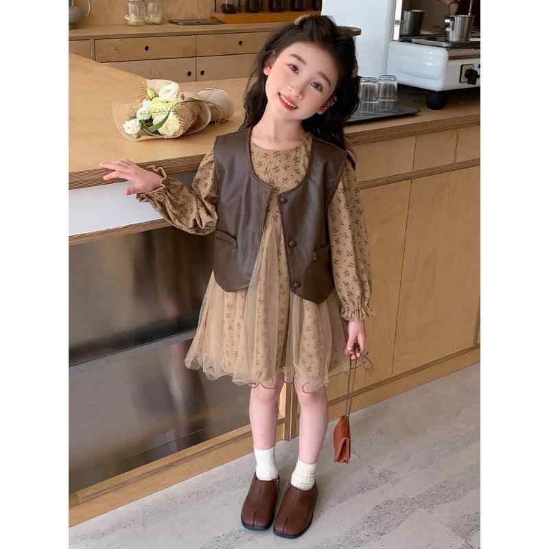 ワンピース ガールズ 春秋 子供服 レザーベスト チュールスカート セットアップ 女の子 かわいい おしゃれ 普段着 長袖 花柄 90cm 100cm 110cm 120cm 130cm 140cm