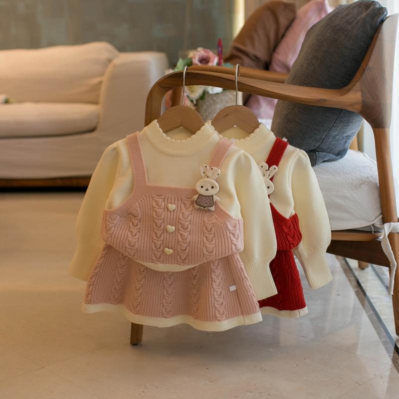 子供服 ニットワンピース 女の子 秋冬 2点セット チュニック セーター スカート 90 100 110 120 130 かわいい おしゃれ 米白色 粉紅色 グリーン レッド(x5)