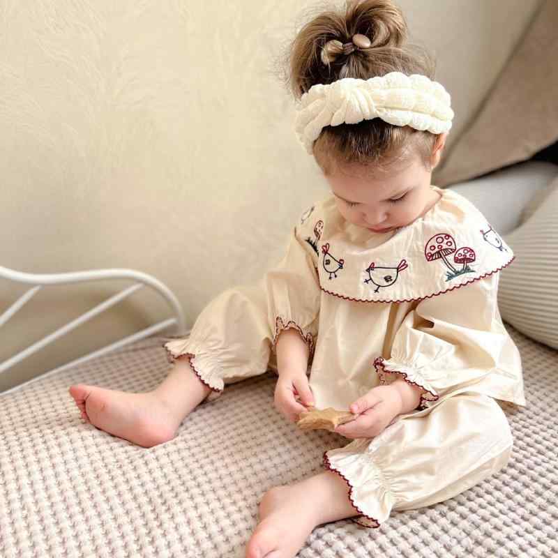 子供用パジャマ 上下セット 女児 Aクラス 綿100% 秋冬 刺繡 韓国風 ホームウェア ベビー服 80 90 100 110 120cm ベージュ キノコ柄