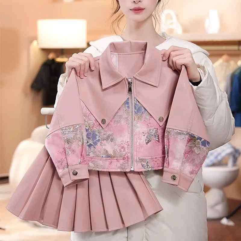 子供服 女の子 セットアップ 春物 レザージャケット スカート 2点セット ガールズ チャイナ風 ピンク系 ホワイト系 かわいい おしゃれ着 普段着 長袖 90 100 110 120 130 140cm