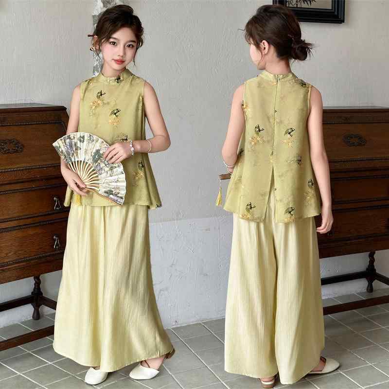 チャイナドレス キッズ ガールズ ワイドレッグパンツ 上下セット 薄手 ポリエステル 無地 120cm 130cm 140cm 150cm 160cm 170cm