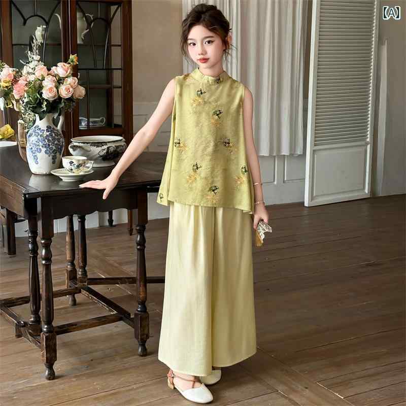 チャイナドレス キッズ ガールズ ワイドレッグパンツ 上下セット 薄手 ポリエステル 無地 120cm 130cm 140cm 150cm 160cm 170cm 2