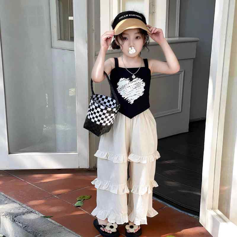 子供用セットアップ 女の子 夏服 吊りスカート ワイドパンツ 2点セット かわいい おしゃれ ガールズ カジュアル普段着