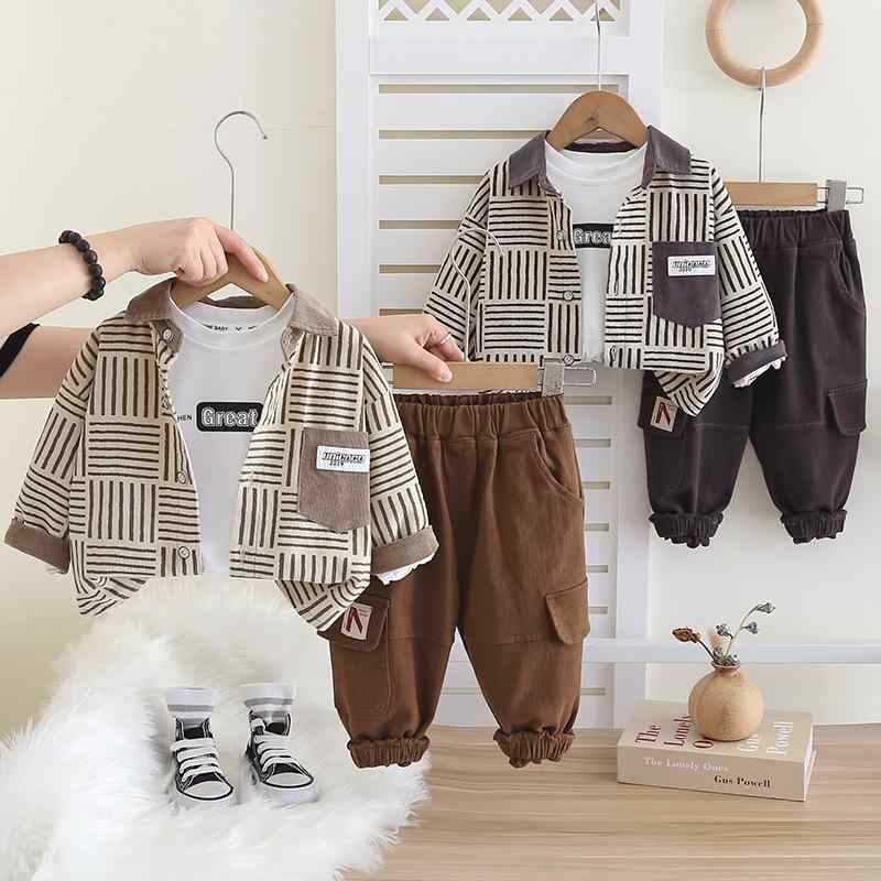 キッズ ベビー服 長袖シャツ パンツ 上下セット 3点セット 春秋 幼児 男の子 ボーイズ 子供服 カジュアル 綿 80cm 90cm チョコレート色 グレー
