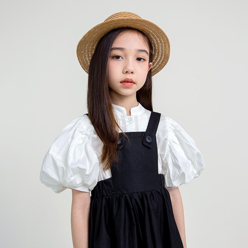 ワンピース キッズ 女の子 セットアップ 白シャツ 黒色 キャミワンピース パフスリーブ フリル袖 かわいい 公園着 普段着 ガールズ 子供服 発表会 演奏会