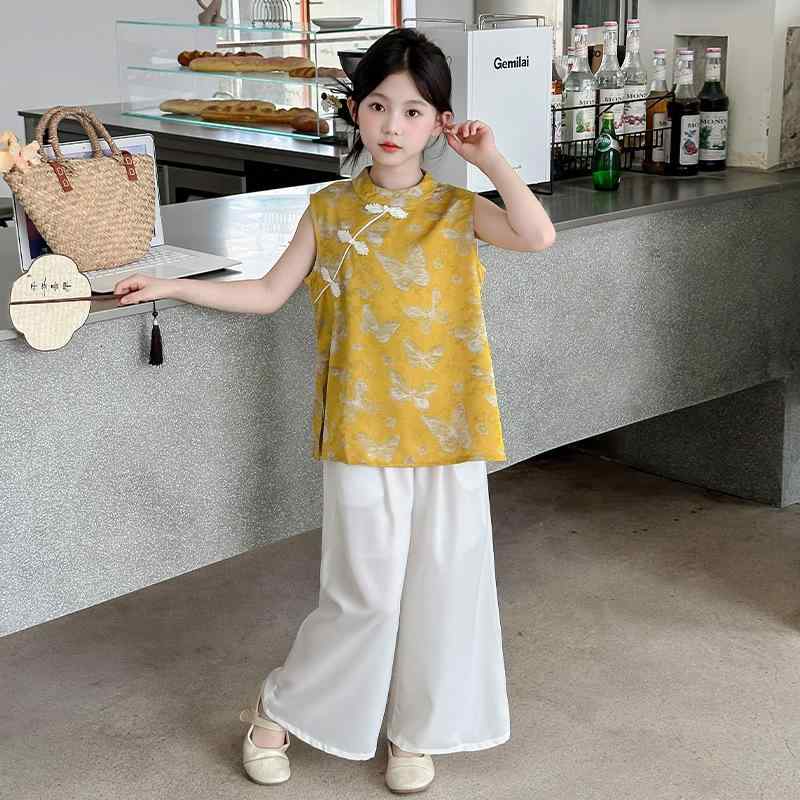女童 中国风 套装 阔腿裤 无袖 上衣 休闲 时尚 两件套 夏季 柔软 聚酯纤维 140cm以上