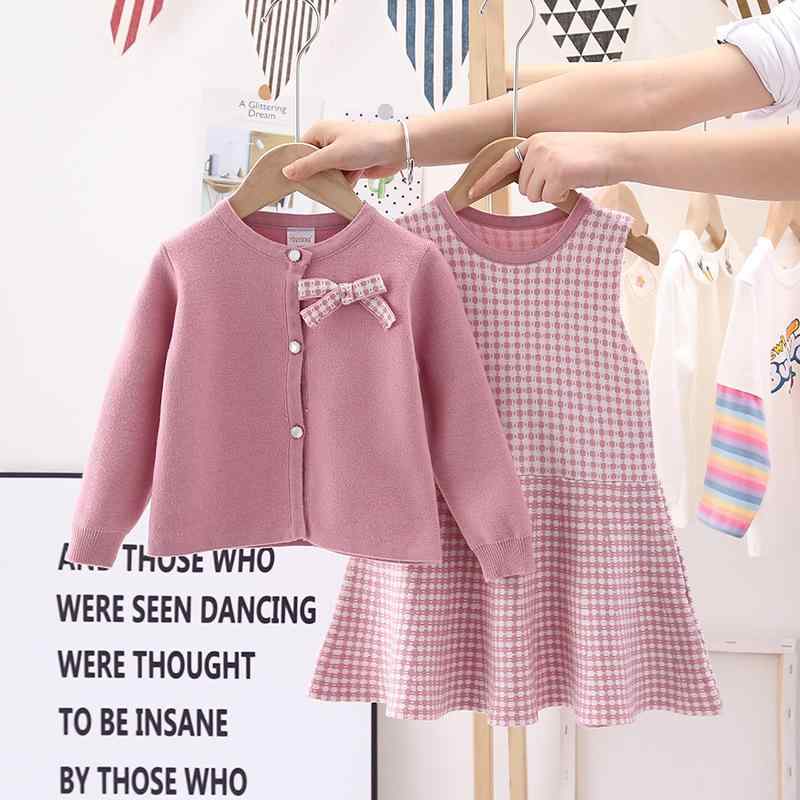 ニットセットアップ 女の子 子供服 ニットカーディガン ベストワンピース 2点セット チェック柄 かわいい 秋冬 赤 黒 ピンク系(x2)