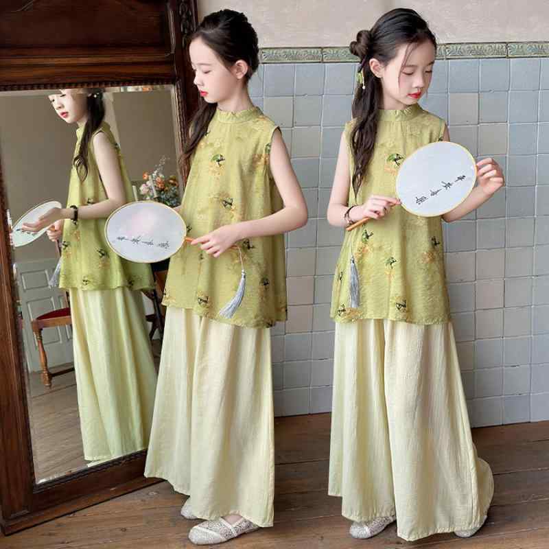 キッズ 女の子 子供用 和風セットアップ 2点セット ノースリーブトップス 九分丈パンツ 薄手 夏服 綿混..